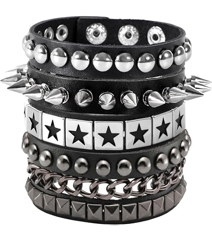 Amazon.com: JAZTAKU Black Gothic Punk Skull Star Leather Bracelet