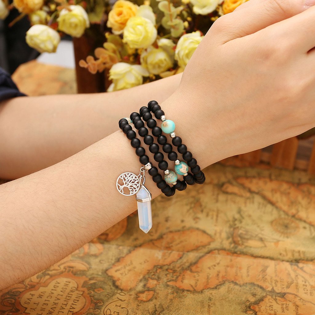 JOVIVI 6mm Matt Schwarz Achat Perlen Armband Buddha Armreif Wickelarmband Halskette mit Lebensbaum Hexagon Säulen Anhänger (Opalite)