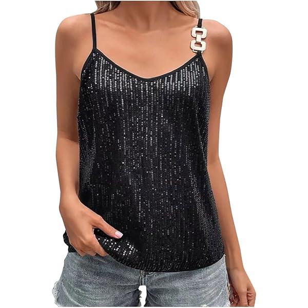 Women´s Shine Sequin Cami Tops Sexy Sleeveless Spaghetti Strap V
