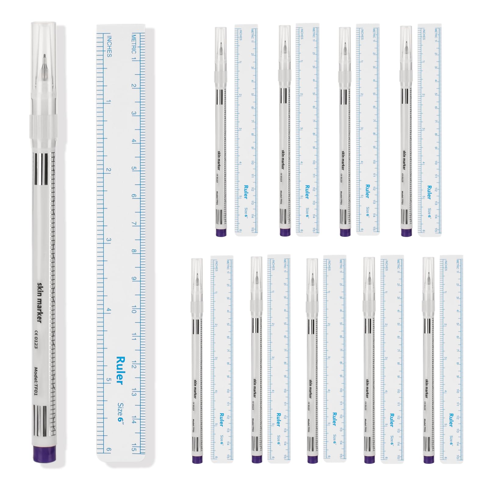 JimKing 10 Pcs Tattoo Markers, Microblading Surgical Marker with Paper Ruler, Waterproof Disposable Tattoo Marker for Skin, Eyebrow, Head 0.5mm, Blue