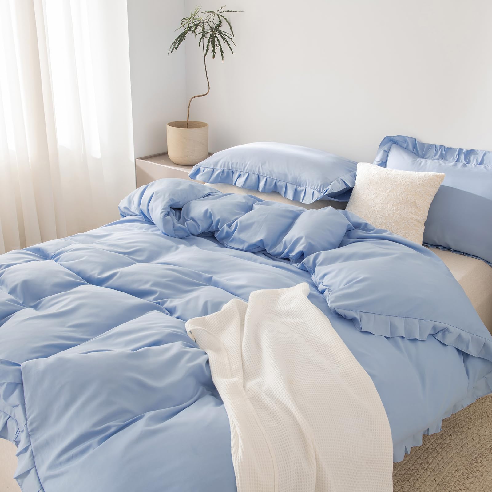 Herside Sky Blue Ruffle Duvet Cover Set Farmhouse Bedding Solid Ruffled Fringe Soft Microfibre Boho Bedding Sets Single 1 Blue Blanket Cover 1 Pillowcase (Sky Blue,Single)