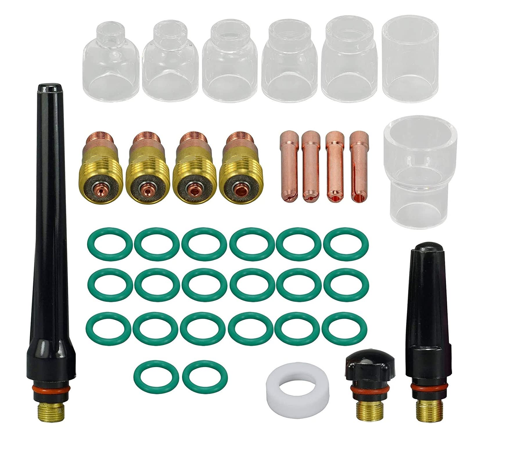 RIVERWELD TIG Stubby Gas Lens 17GL040 10N22S 1.0mm 17GL116 10N23S 1.6mm17GL332 10N24S 2.4mm 17GL18 10N25S 3.2mm Glass Cups Clear Quartz Nozzle #4 ~ #12 kit SR WP 17 18 26 TIG Welding Torch 39pcs