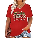 Plus Size Christmas Shirt for Women Merry Christmas Tree Shirts Printed Funny Xmas Tshirt Holiday Short Sleeve Tops XL-5XL