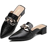 Tilocow Metal Chain Decor Mules Heels for Women Chunky Heeled Sandals Slip on Closed Toe Slides for Women Backless Mules
