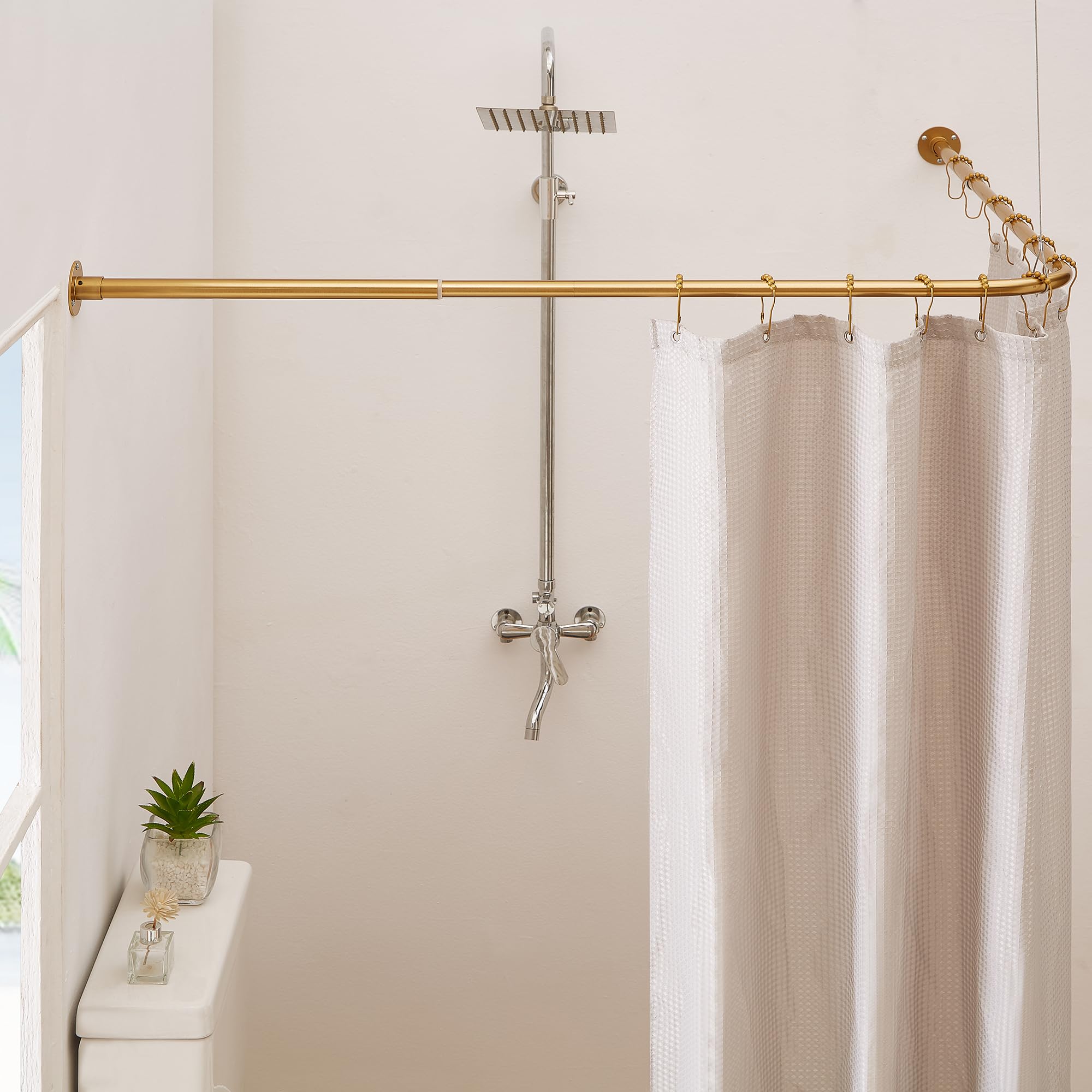 Photo 1 of Crkmire Gold Corner Shower Curtain Rod, [39"-69"] x [55"-85"] Adjustable L Shaped Shower Rod No-Sagging 90 Degree Curved Curtain Rod for Bathroom Bathtub with 12 Ring Hooks & Ceiling Support