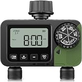 Sprinkler Timer 2 Outlets, Programmable Water Hose Timer with Rain Delay/Manual/Automatic Watering System, Outdoor Digital Auto Irrigation for Garden Yard Lawn with Large Display(Black+Olive Green)