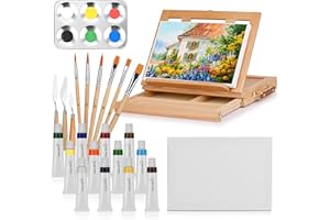 GESBOOLE Tabletop Art Easel Acrylic Paint Set for Adults & Kids, Art Easel for Painting Portable Wooden Art Easel Stand,Painting kits with Tabletop Easel,12 Paints,6 Brushes,3 Paint Knives,Palette,Canvas Board