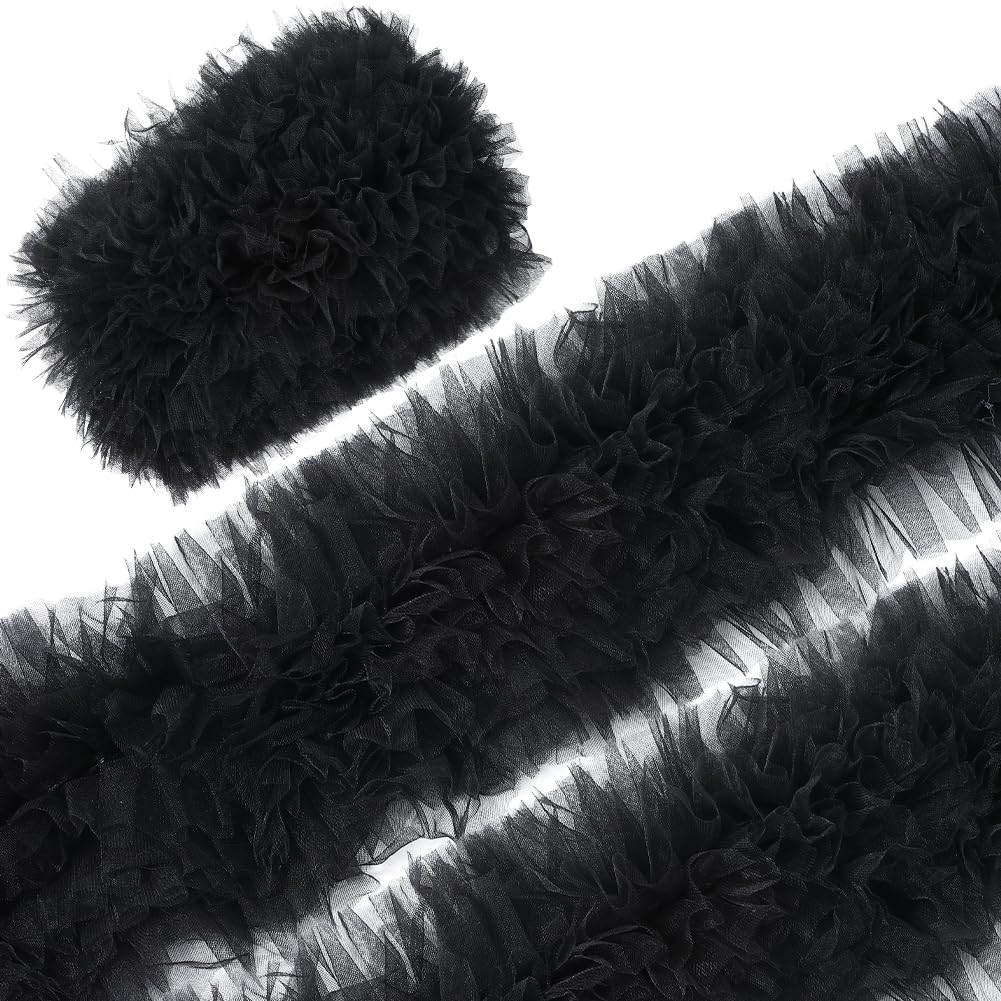 CABODYALS 3 Yards Black Pleated Layered Ribbon Lace Border Trim Vintage Organza Ruffled Fabric Pom Pom Edging Polyester Trimmings for Sewing Making Craft Gift Wrapping Diy Dress Wedding Costume Decor