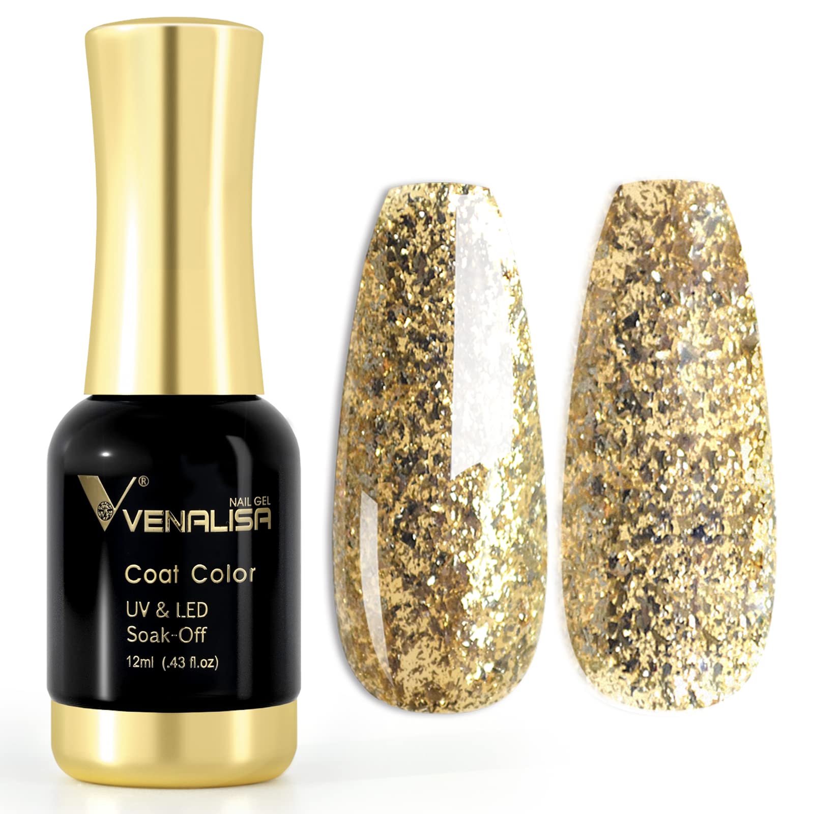 VENALISA 12ml Gold Glitter Gel Nail Polish Soak Off Nail Lamp UV LED Natural Nail Gel Polish Nail Art DIY Manicure French Gifts, 0.43 OZ
