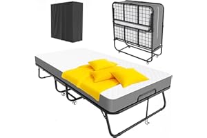 Pataku Folding Bed with Mattress, Foldable Twin Bed, Roll Away Beds for Adults, 75" x 31" Portable Roll Away Guest Beds with 5" Mattress, Folded Frame for Guest Room, Small Apartment