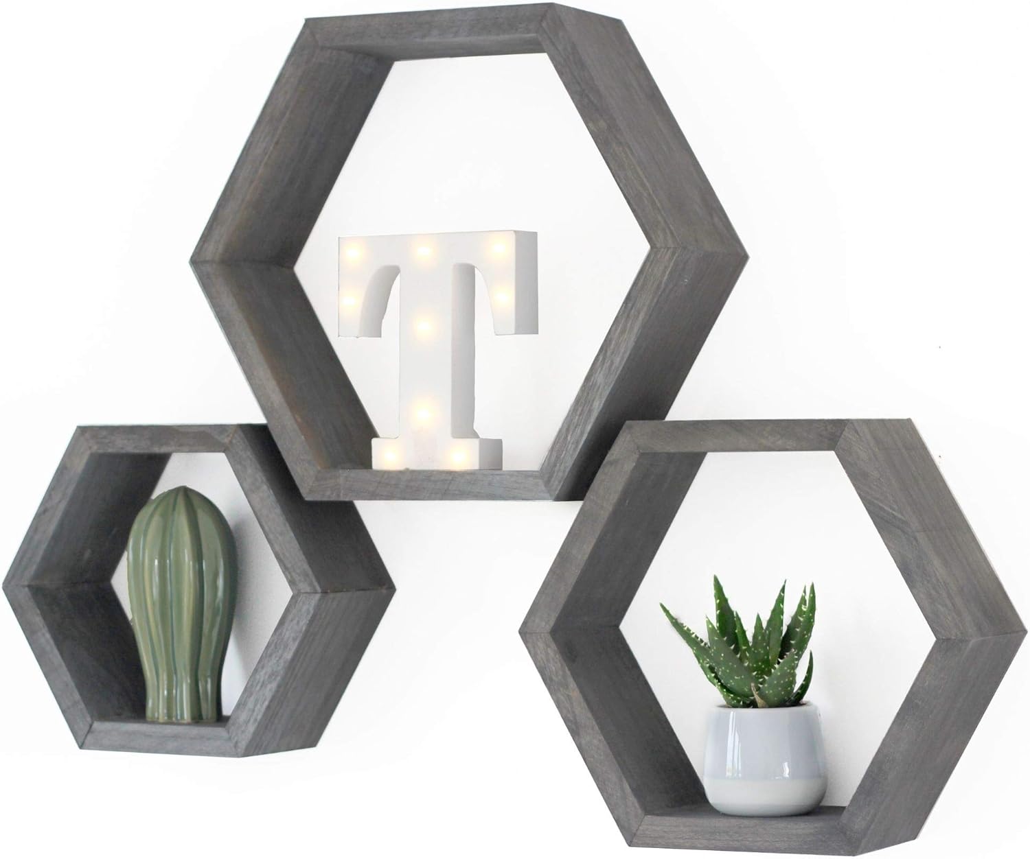 Onyx Home Hexagon Floating Shelves Set of 3, Gray Wall Decor, Solid