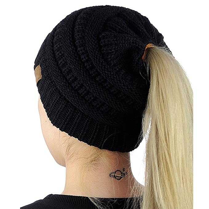 Fcx Fashion Ponytail Knit Hat Messy High Bun Warm Stretch Cable