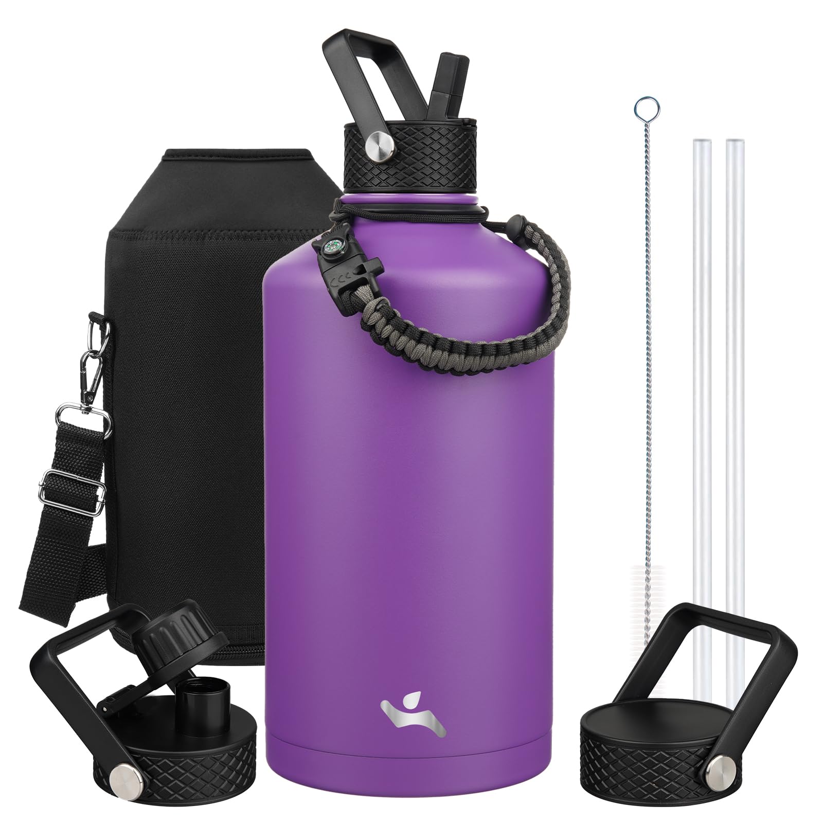 Konokyo Gallon Insulated Water Bottle with Straw,128 oz 3 Lids Water Jug with Carrying Bag,Paracord Handle, Double Wall Vacuum Stainless Steel Metal Flask,Purple Image