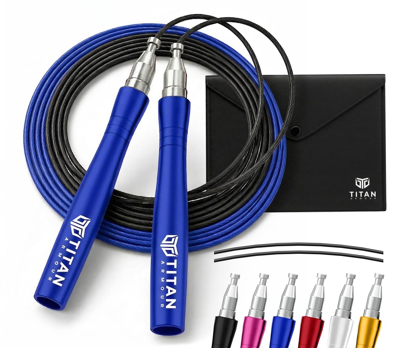 Titan Armour® Self-Locking & Adjustable, Adult Speed Skipping Rope | 2 x Steel Ropes 2.5mm, 3mm Thickness | Travel Case | Pro Jump Rope: Fitness, Crossfit, Boxing, MMA | UK Brand