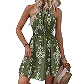 BLENCOT Womens Summer Beach Halter Neck Dresses Casual Smocked A Line Floral Mini Dress with Pockets