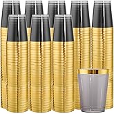 supernal 100pcs Black Plastic Cups 10oz Gold Rimmed Elegant Black Party Cups Heavy Duty Fancy Wedding Drinking Tumblers Plastic Cup for Valentine's Day and Party