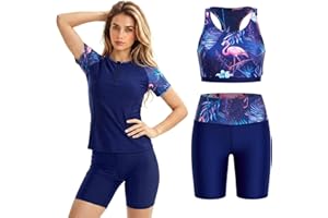 Owntop Women’s Rash Guard Swimsuit 3 Piece Set, Short Sleeve Swim Shirt with Built-in Bra, Swim Top & Shorts, Sun Protection