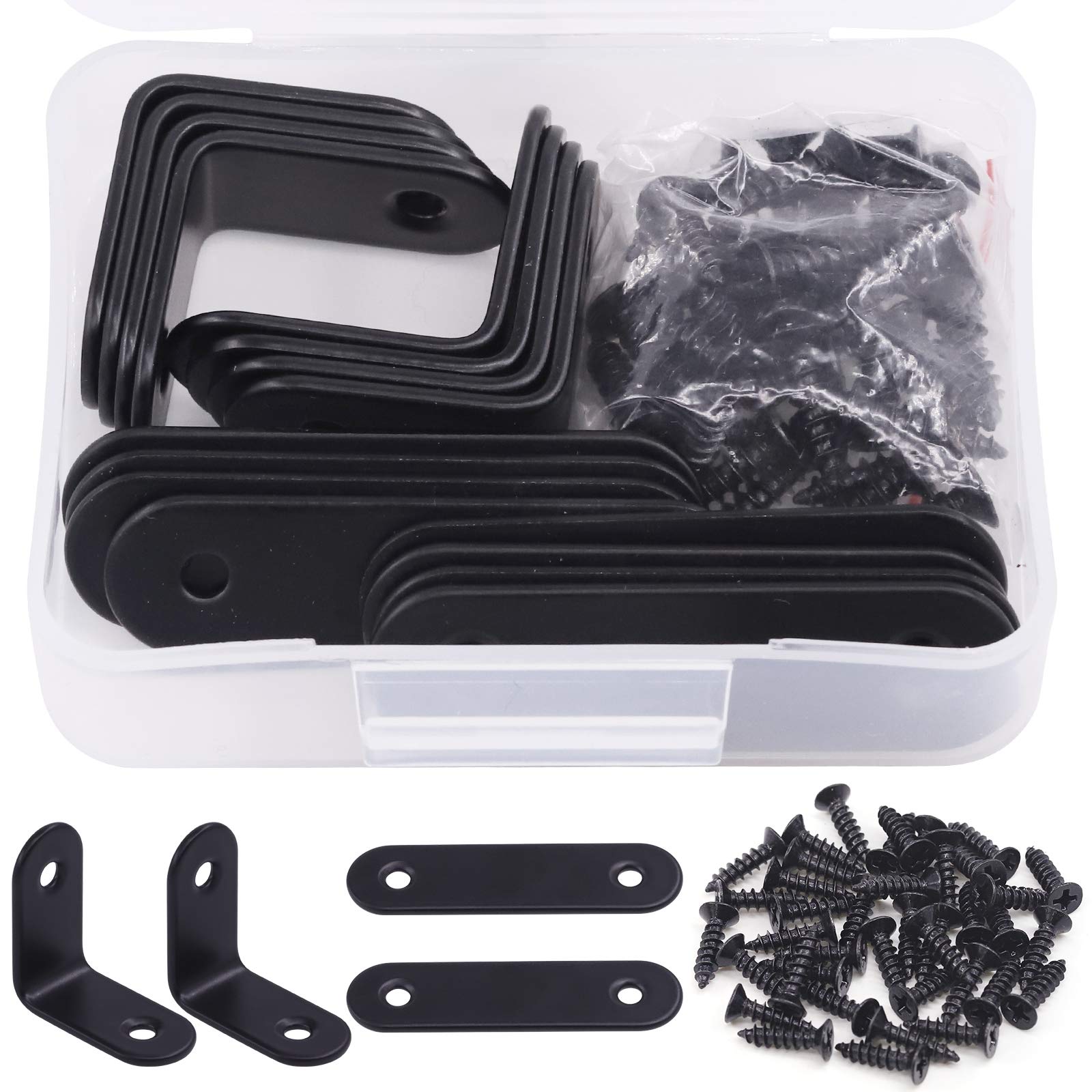 Keadic 16 Sets Black Corner Brace Kit, Straight Plates Brackets & Stainless Steel L Brackets Right Angle Bracket Fastener for Wood Chair Bookshelf Board Furniture Brackets (30 × 30 × 2MM)
