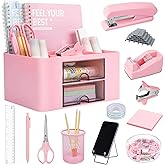 Pink Desk Organizers and Accessories 12+1Pcs, Office Supplies for Desk, Pen Organizer with 2 Drawers with Stapler,1000 Staples, Phone Holder, Tape Dispenser, Pen Holder, Sticky Note, Clips, Ruler,Etc