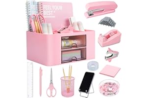 PINDDA Pink Desk Organizers and Accessories 12+1Pcs, Office Supplies for Desk, Pen Organizer with 2 Drawers with Stapler,1000 Staples, Phone Holder, Tape Dispenser, Pen Holder, Sticky Note, Clips, Ruler,Etc