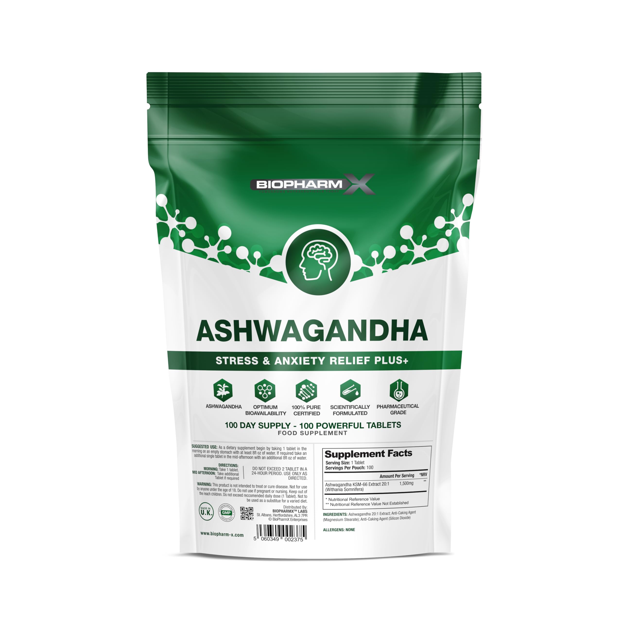 Ashwagandha KSM 66 1500mg (100 Tablets) High Strength 20:1 Root Extract for Stress, Sleep, Relaxation & Cortisol Reducing - Suitable for Vegans