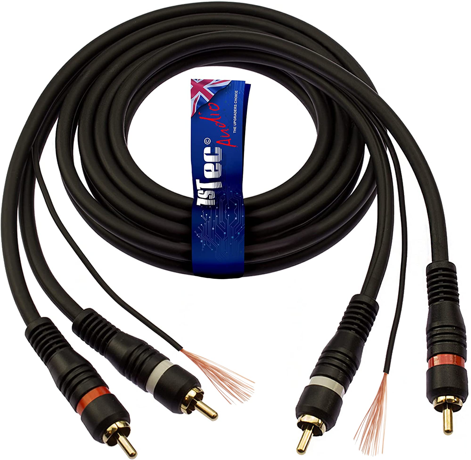 1STec 1.5m 2 x RCA Red + White Moulded Phono Plugs with Ground Wire Earth Tag to stop Feedback Hum Humming Buzz Buzzing Noise from Vinyl Record Player Car Stereo Amplifier - HiFi speakers 1.5 Metre