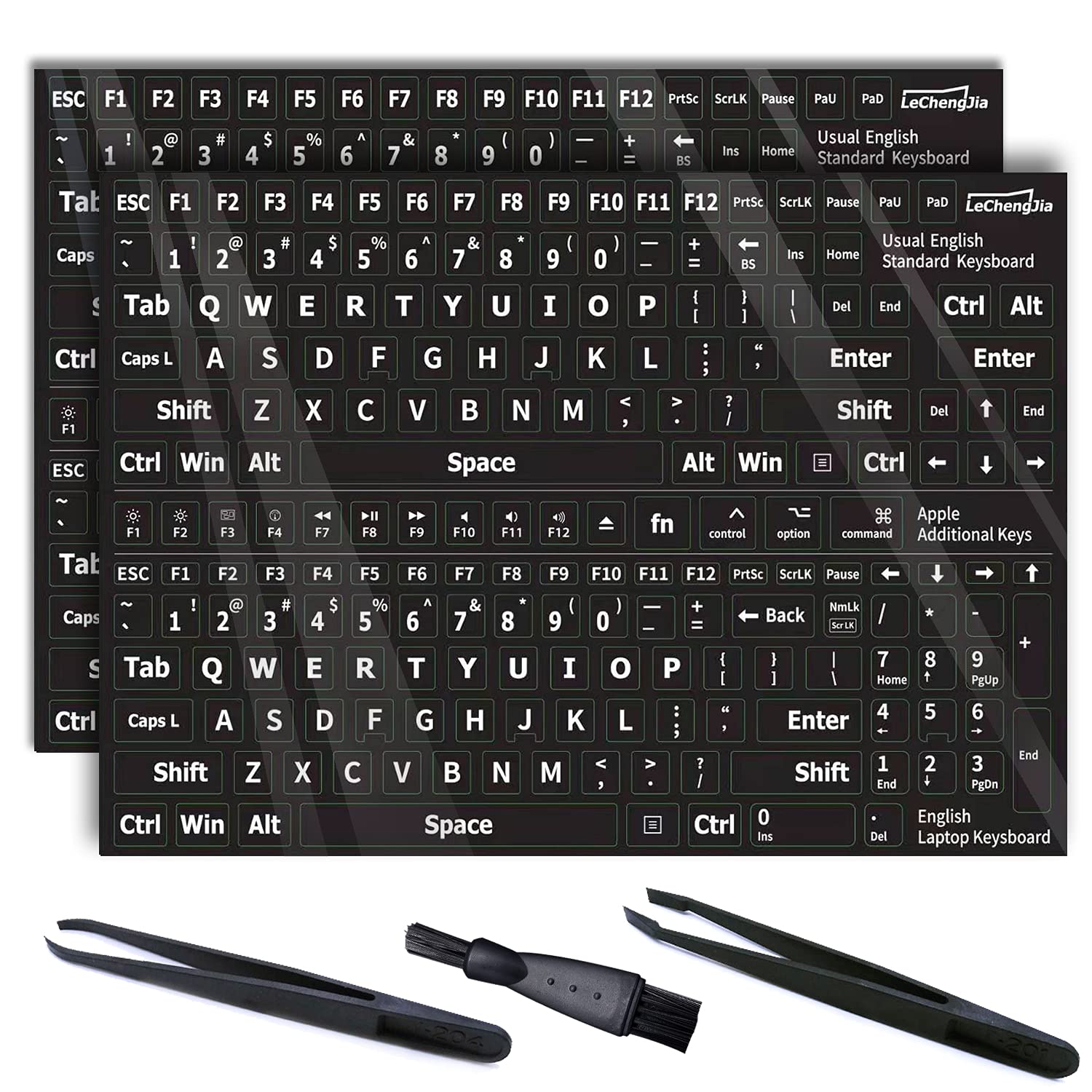 2 Pcs Black English Keyboard Stickers, Universal Keyboard Letters Replacement Sticker, Suitable for Any Standard Keyboard, with Two Tweezers and Cleaning Brush (Black-US-Glossy)