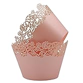 Cupcake Wrappers Pack of 50 Pink Filigree Artistic Bake Cake Paper Cups Little Vine Lace Laser Cut Liner Baking Cup Muffin Case Trays for Wedding Party Birthday Decoration -By KEIVA