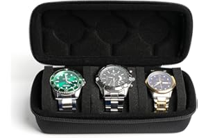 RIGICASE 3 watch travel case roll, Hard watch carry case roll display storage holder box with soft foam pillows snug fit all size watches up to 60mm face