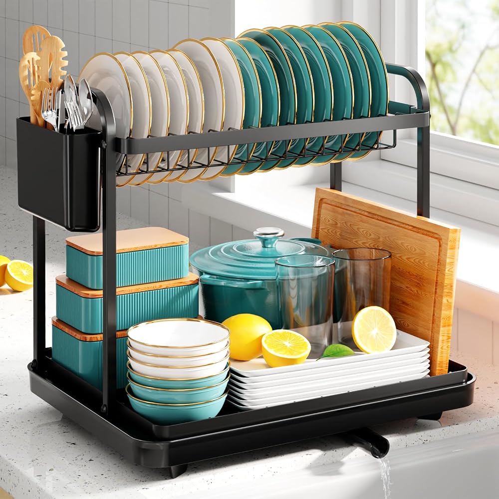 Kitsure Dish Drainer Rack 2-Tier Stainless Steel Space Saving Black
