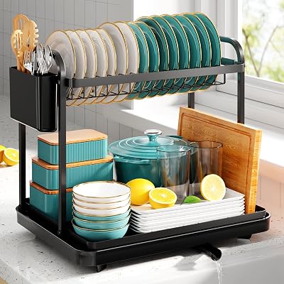 Kitsure Dish Drainer Rack 2-Tier Stainless Steel Space Saving Black