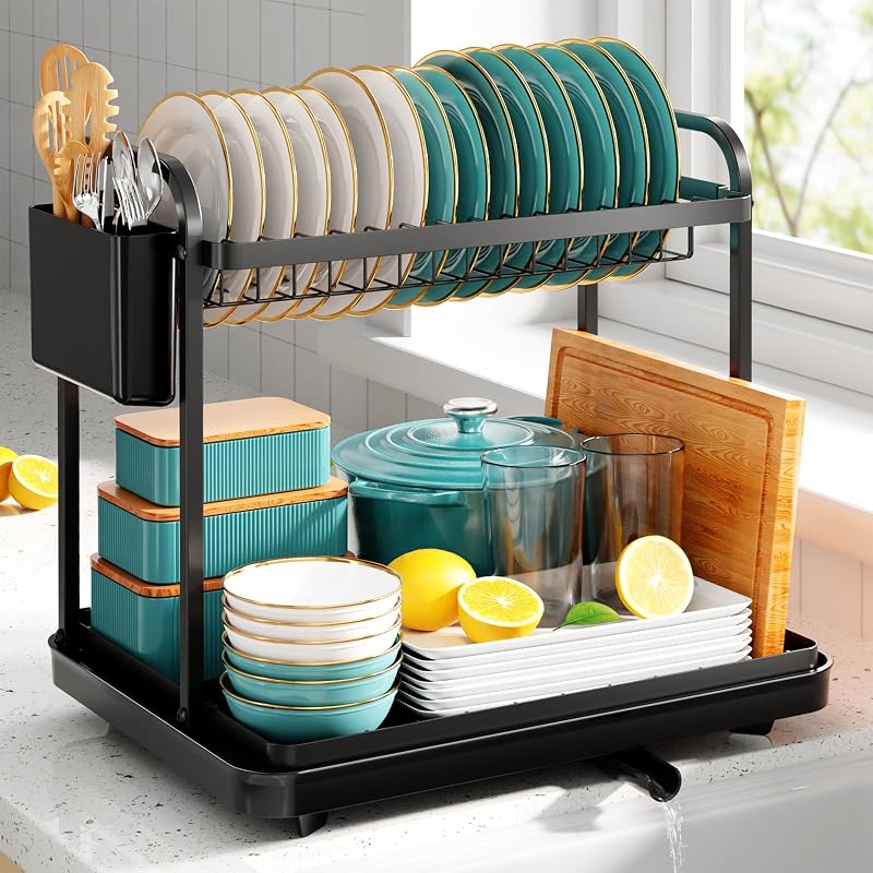 Kitsure Dish Drainer Rack 2-Tier Stainless Steel Space Saving Black