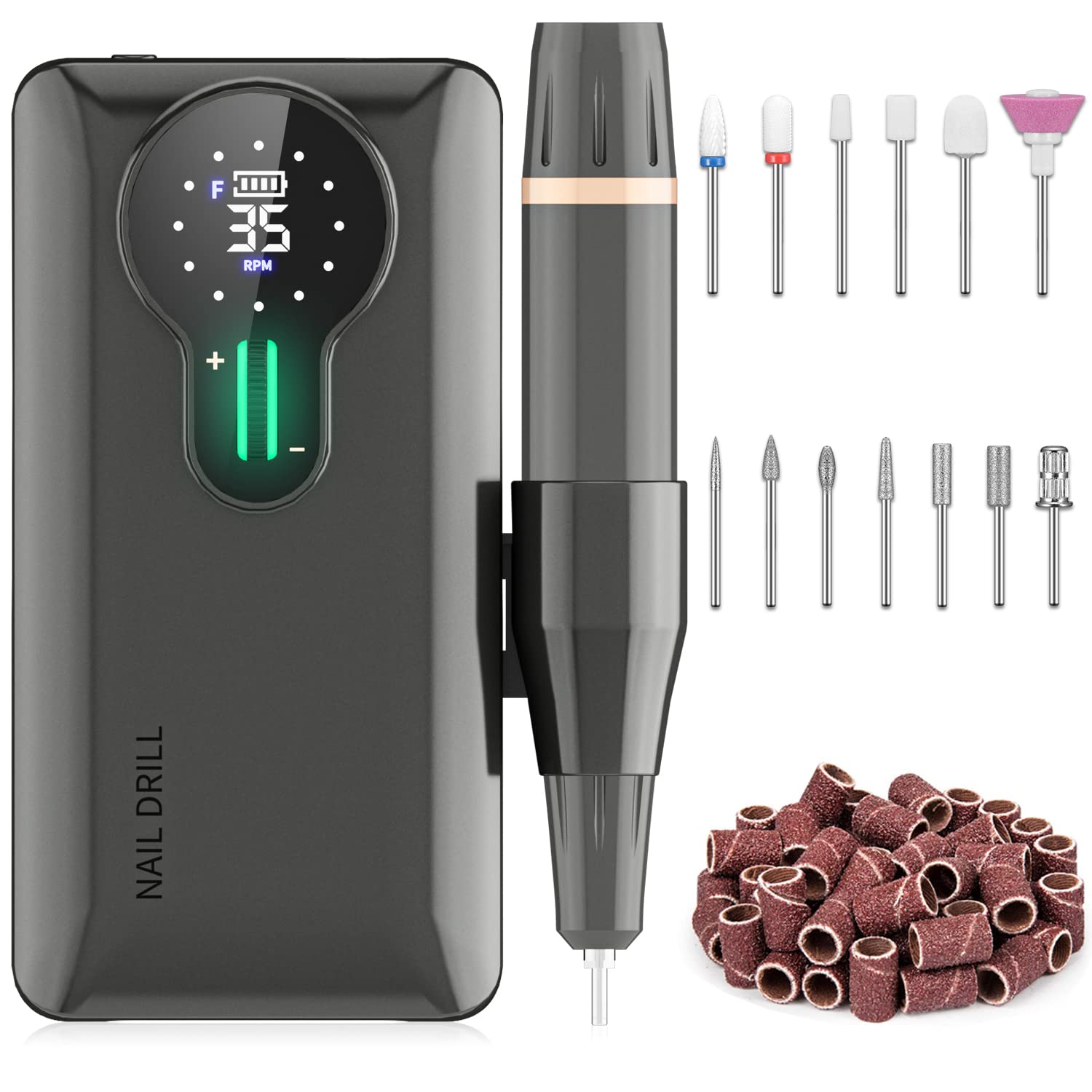 ENGERWALL Professional Rechargeable Nail Drill 35000RPM, 20H Long Battery Life Cordless Electric Nail File for Acrylic & Gel Nails, Portable E-File Kit with 7 Bits & 56 Sanding Bands, Dark Silver(Pro)