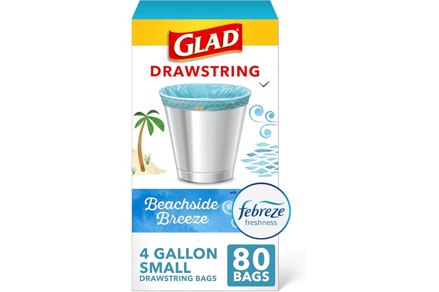 Glad Small Trash Bags 4 Gallon, Febreze Beachside Breeze Garbage Bags, Odor Resistant with Drawstring, 80 Count