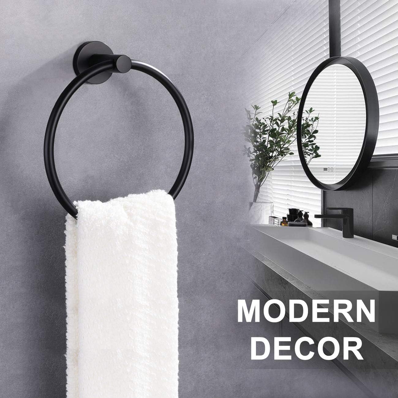 Matte Black Towel Ring, APLusee Hand Towel Holder Stainless Steel Modern Round Bathroom Kitchen Storage Hanger Wall Mounted: Home Improvement