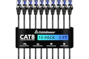 CableGeeker Patch Cables Cat 8 5ft 10 Pack Slim, Cat8 Ethernet Patch Cable 40G 2000MHz Support, Snagless RJ45 Cat 8 Patch Cab