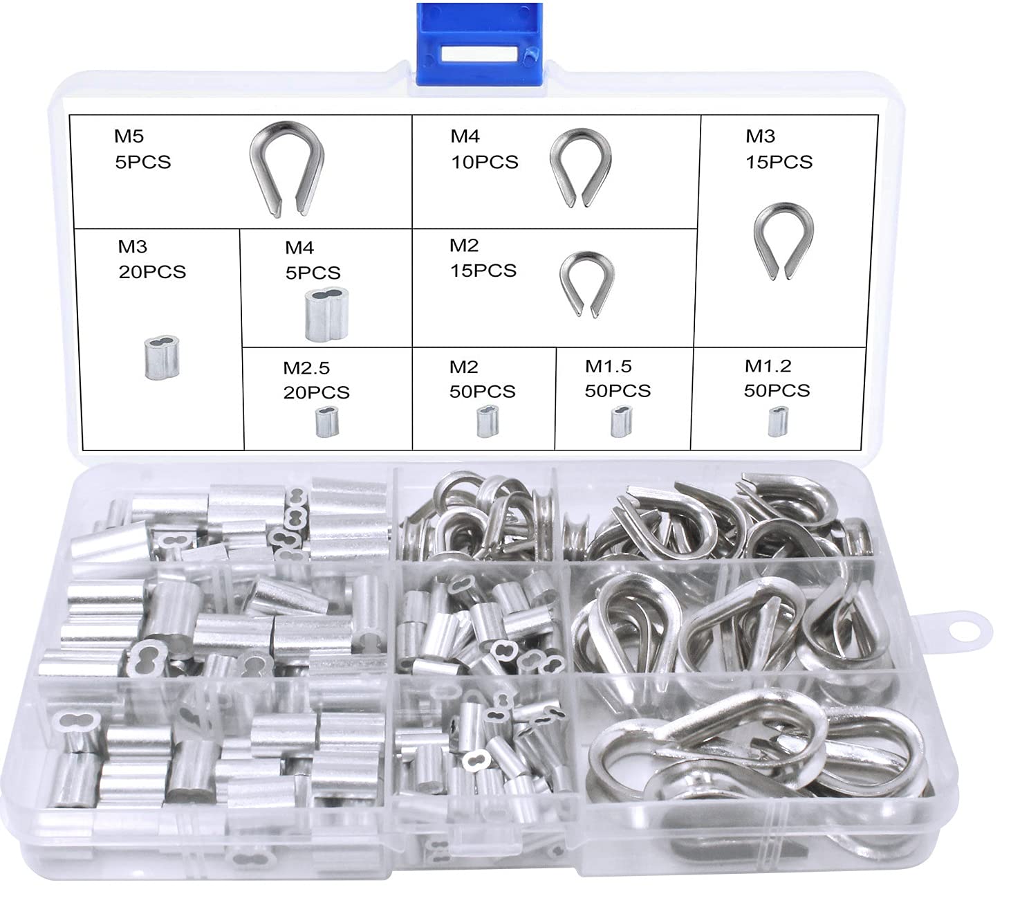 Crimping Loop Sleeve Clips Aluminum Wire Rope Thimbles and Sleeves Set 240Pcs Sleeve Clips for Wire Rope Cable Stainless Steel Thimble Rigging