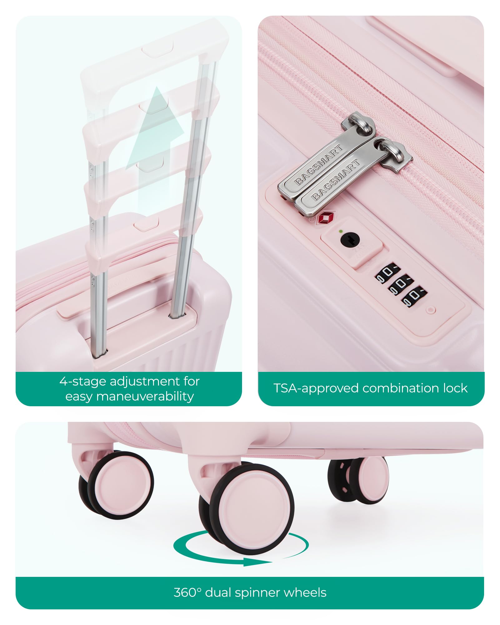 BAGSMART Carry On Luggage 22x14x9 Airline Approved with Spinner Wheels, Travel TSA Approved 100% PC Hard Shell Suitcases, 20 Inch Expandable Luggage with TSA Lock, Atlas Pink