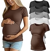 Ficerd 5 Pack Women's Maternity Shirts Short Sleeve Side Ruched Pregnancy Tops Raglan Tee Tunic Casual Mama Clothes