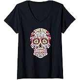 Womens Sugar Skull Shirt Cool Calavera Dia De Muertos Day Dead Gift V-Neck T-Shirt