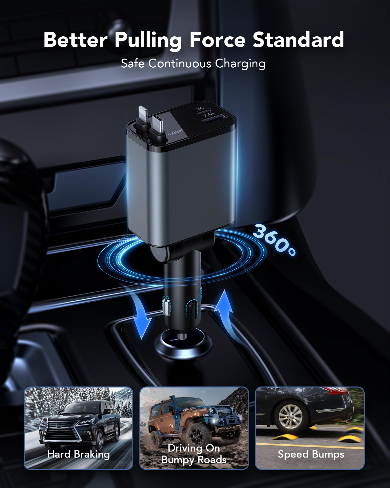 69W Retractable Car Charger, 4-in-1 Fast Car Phone Charger with 2.6ft Two Retractable Cables and USB C+USB A Car Charging Block Cube, Compatible with iPhone 16 15 14 13 12 Pro Max Plus,Galaxy,Pixel