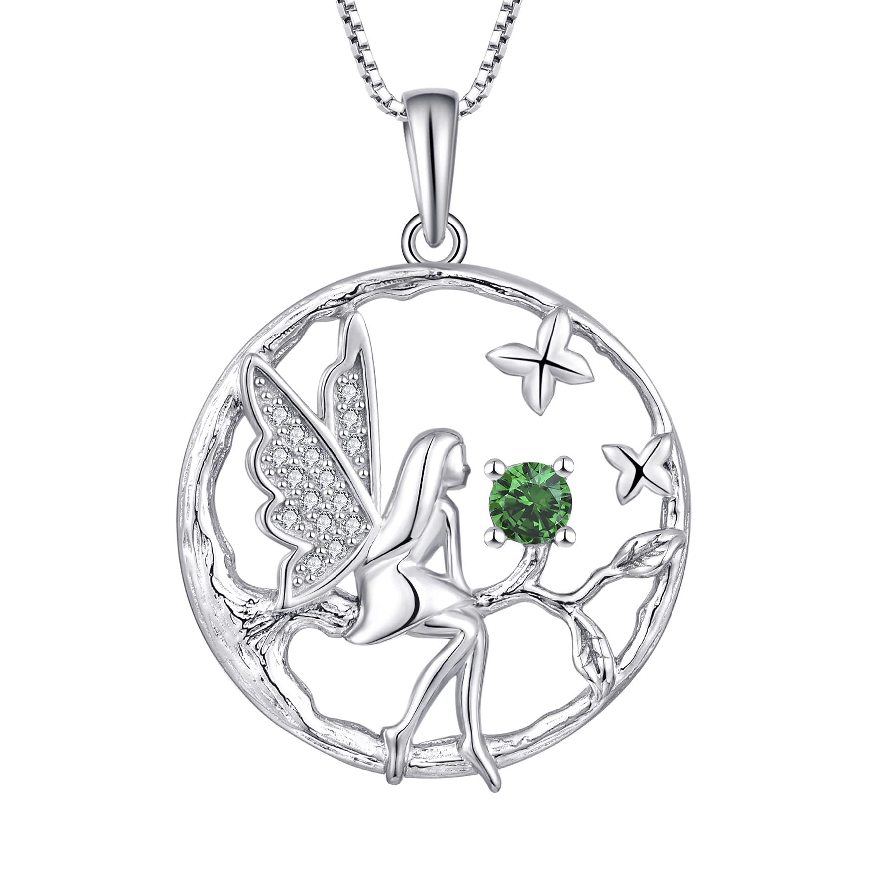 FJ Guardian Angel Necklace 925 Sterling Silver Tree of Life Pendant Fairy Necklace Emerald May Birthstone Jewellery for Women — image 1