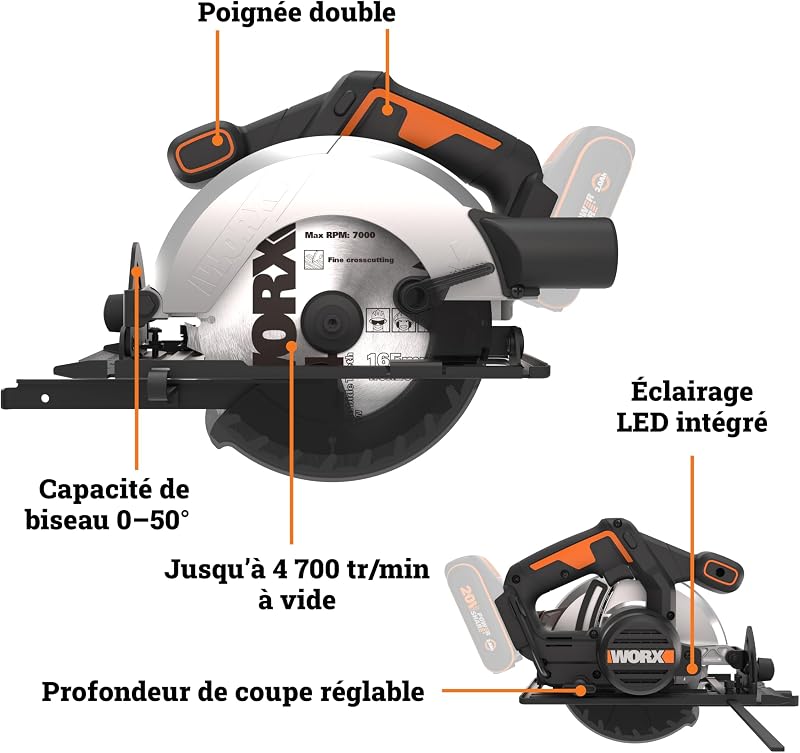 Scie circulaire sans fil 20V WX526.9 lame 165 mm