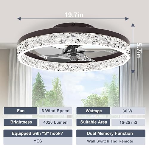 VOLISUN 19.7" Low Profile Bladeless Ceiling Fan With Light – Flush Mount, Dimmable 3000K-6500K, Remote & App Control, No Assembly Required, Black