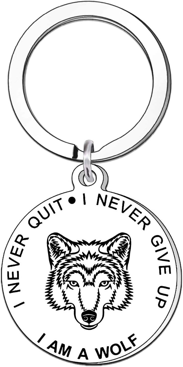 QMVMV Wolf Keyring Inspiratinal Gifts Key Chain Saying I Never Give Up Never Quit for Women Men Teen Girls Daughter Son Sister best friend
