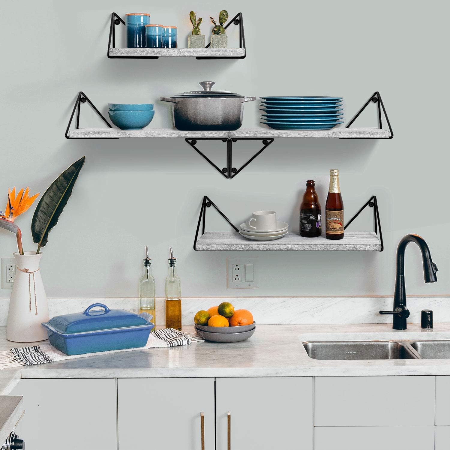 BAYKA Floating Shelves Wall Mounted Set of 3, Rustic Wood Wall Shelves for Living Room, Bedroom, Bathroom Gray: Home & Kitchen