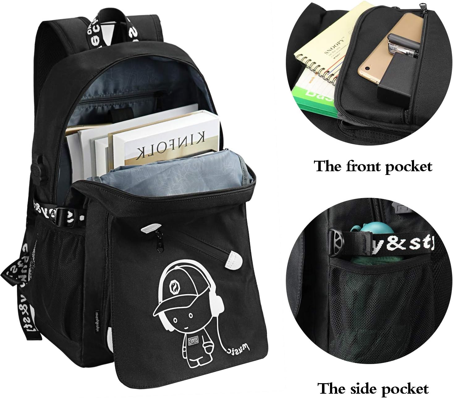 Teen Boys Backpack for Middle High School Cartoon Luminous Student Bookbag Daypack - Music Black - Image 4
