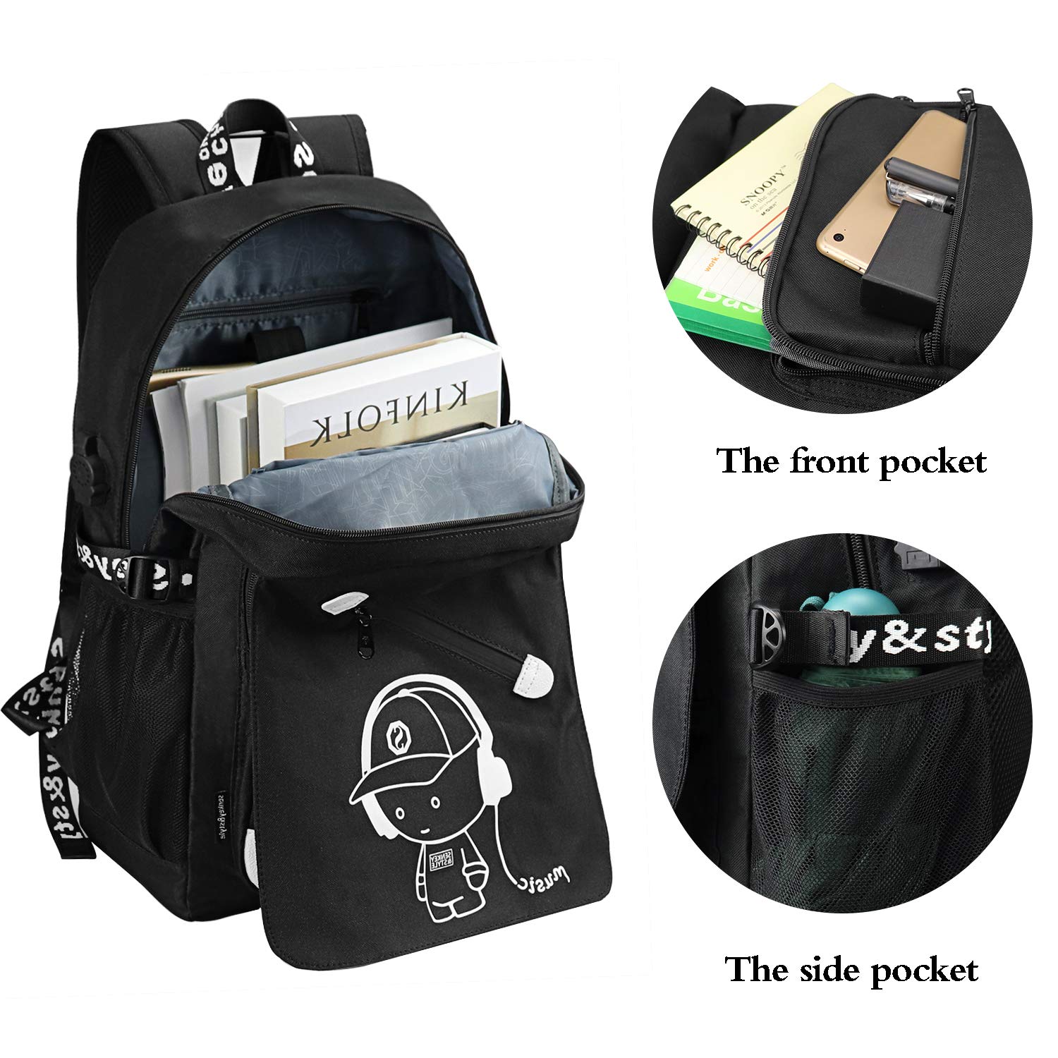 School Backpack for Boys, Cartoon Luminous Bookbag 15.6inch Laptop Bag with USB Charging Port - Music Black