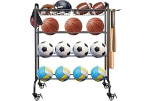 Artibear Basketball Racks Holder for Balls with Wheels, Rolling Metal Sports Equipment Storage Stand Organizer with Baskets and Hooks for Basketballs Footballs Volleyball, Black