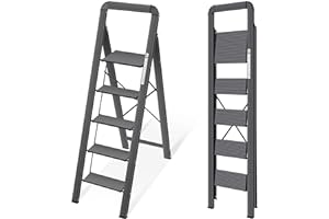 KINGRACK Aluminum 5 Step Ladder, Lightweight Step Stool with Non-Skid Pedals, Handrail, 330 LBS Foldable Step Ladder for Kitc